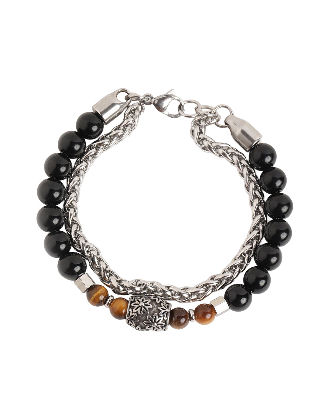 Men Silver Plated Bead Double Chain Layered Bracelet