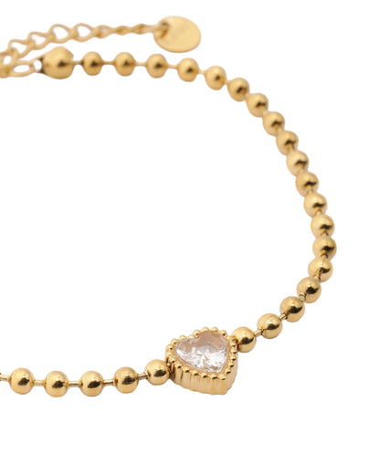 18kt Gold Plated Solitaire Heart Studded Ball Chain Adjustable Bracelet