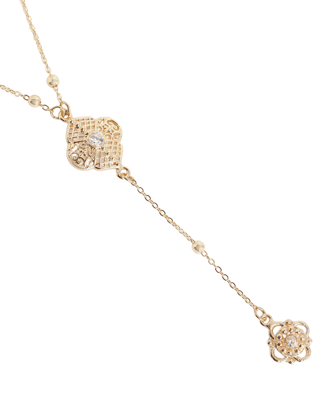 Gold Plated CZ Vintage Filigree Lariat Floral Necklace