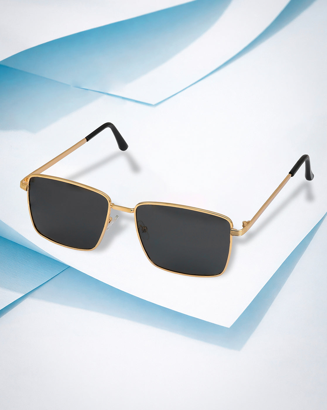 Unisex Gold and Black Toned Black Polarised Lens Rectangle Sunglasses