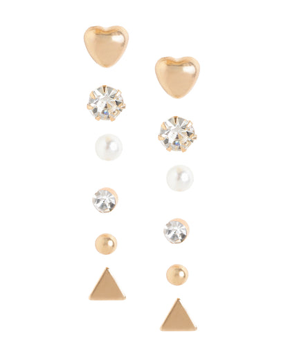 Multipack Set of 12 Gold Plated CZ Studded, Textured, Pearl &amp; Triangular Stud Earrings