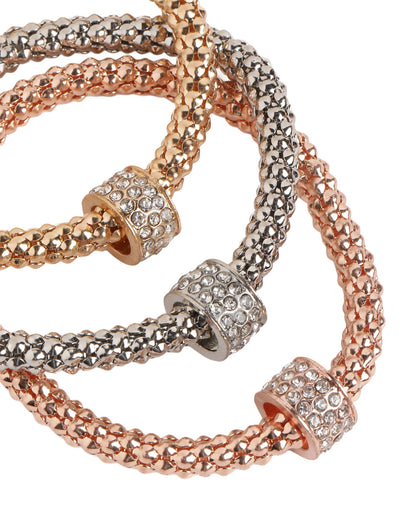 Set of 3 Tri-Color CZ Studded Charm with Popcorn Chain Stretchable Bracelets