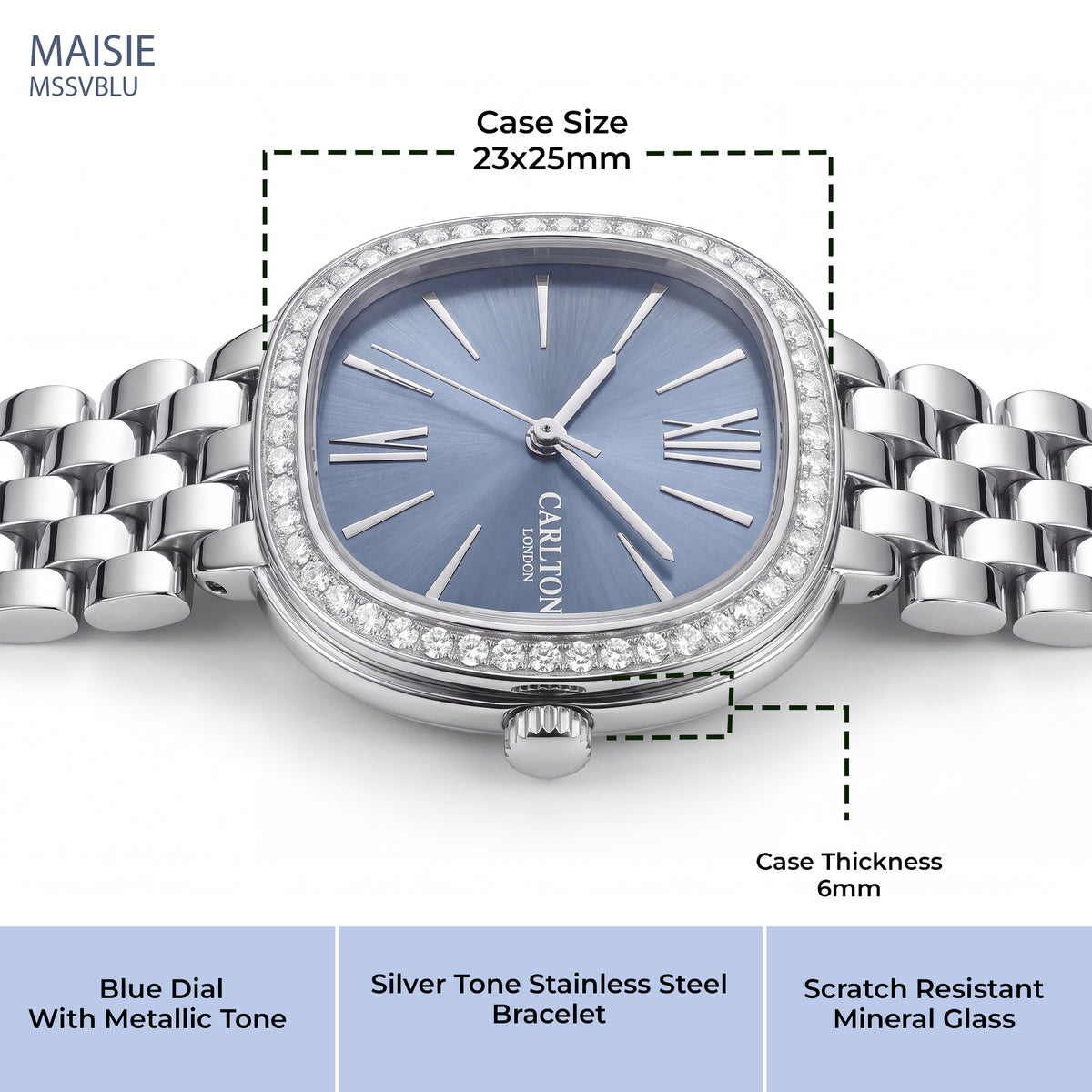 Carlton London Maisie Women’s Watch - Blue Rectangle Dial, Silver Stainless Steel Strap - MSSVBLU