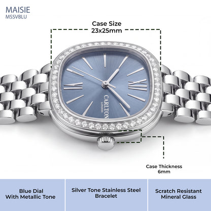 Carlton London Maisie Women’s Watch - Blue Rectangle Dial, Silver Stainless Steel Strap - MSSVBLU
