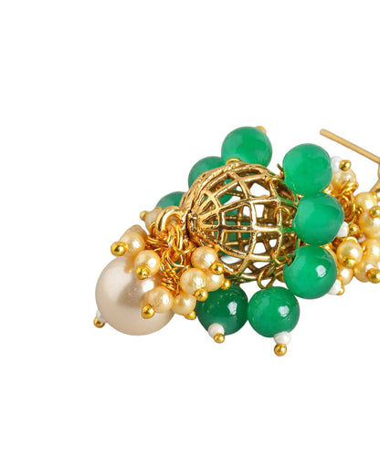 Gold Plated Ethnic Statement Earrings with Pearl &amp; Green Beads