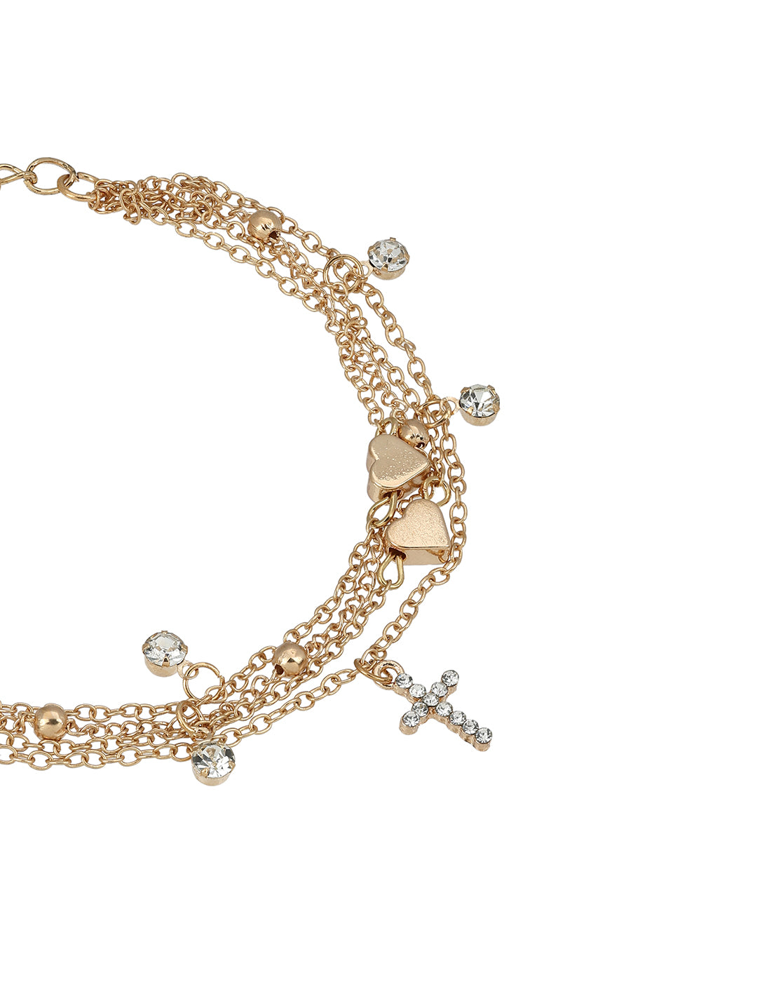 Set of 4 Rose Gold Plated Heart, Solitaire &amp; CZ studded Cross Layered Anklet