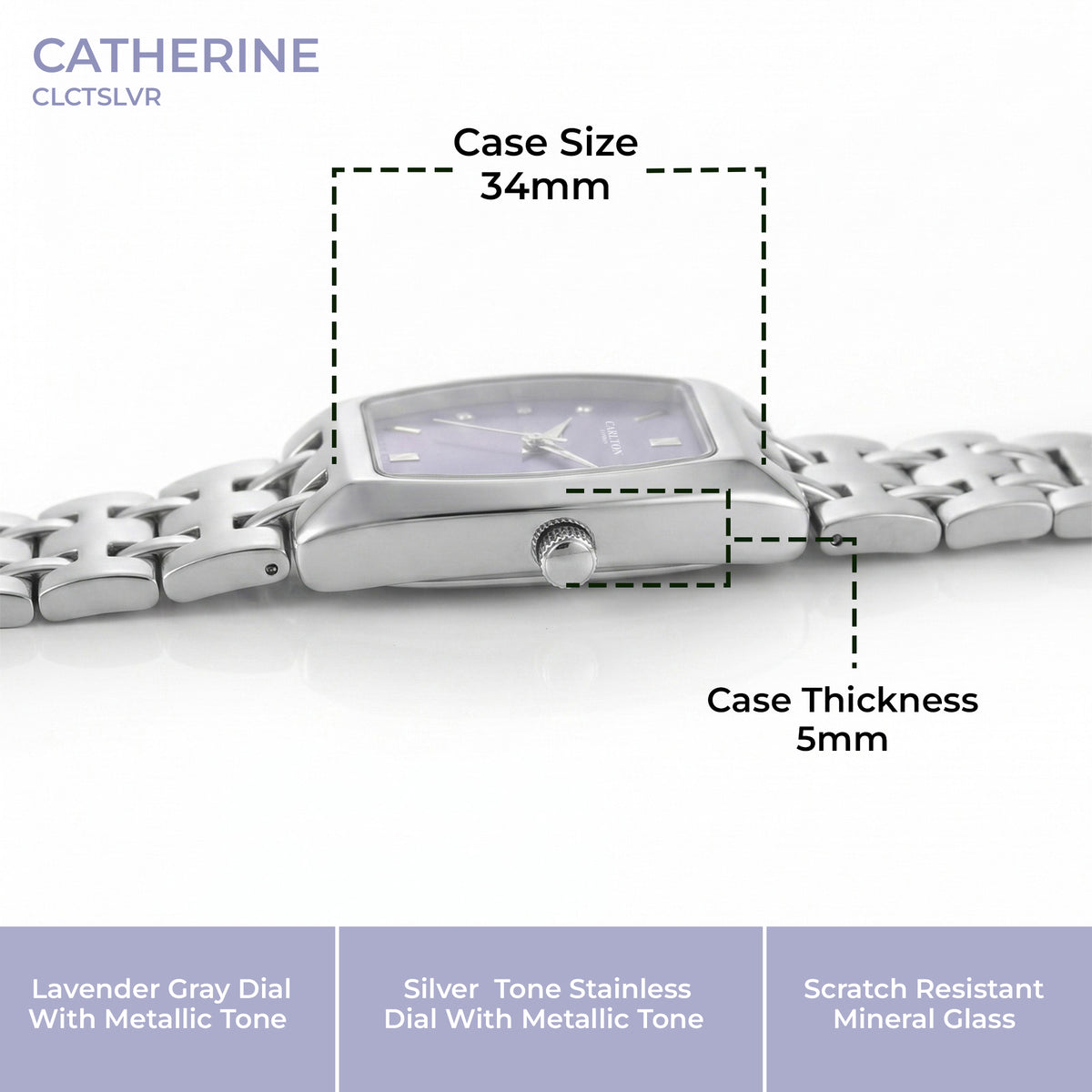Carlton London Catherine Women’s Watch - Lavender Rectangle Dial, Silver Stainless Steel Strap - CL-CT-SLVR