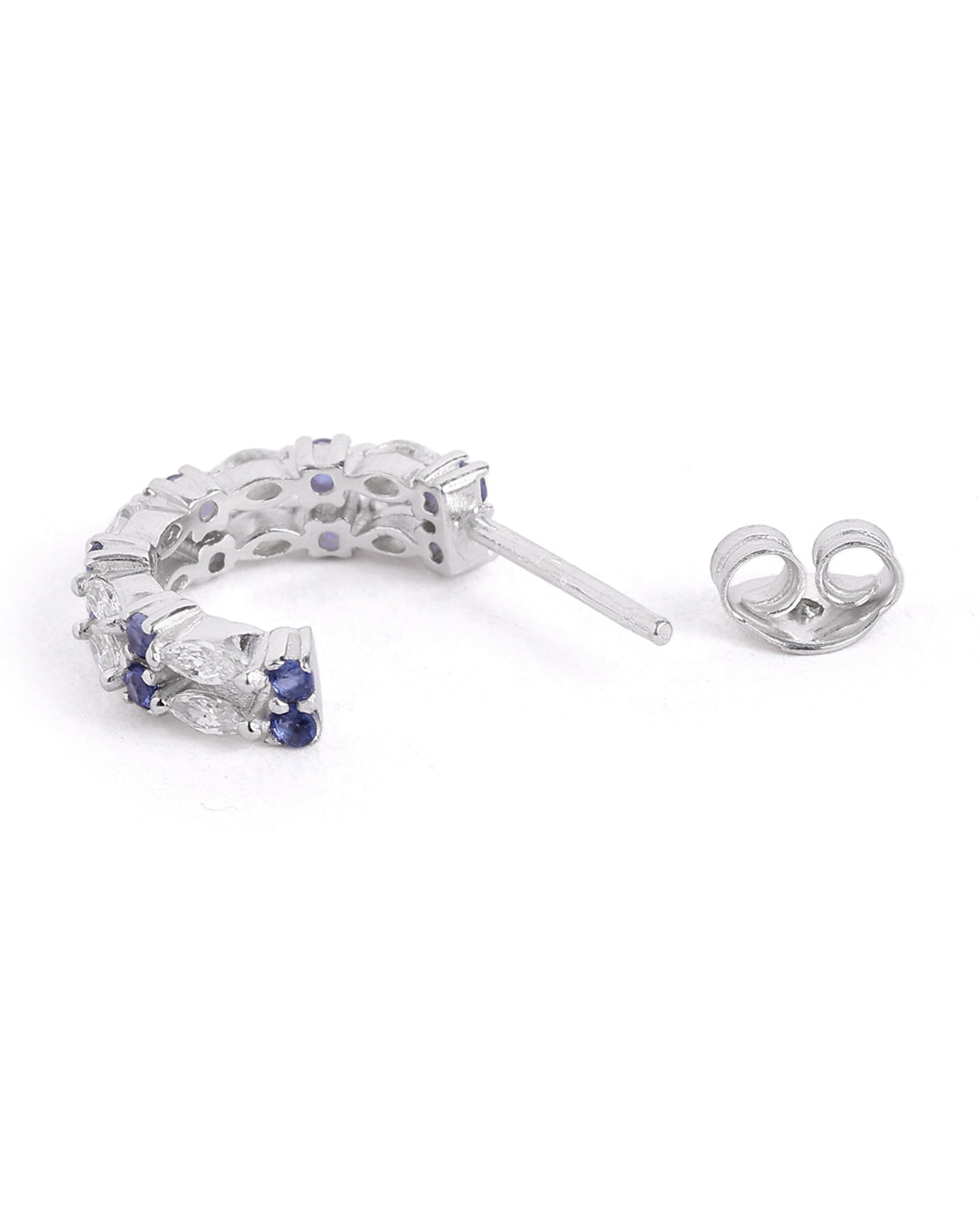 Rhodium Plated Blue Sapphire Studded Double Band Half Hoop Earring
