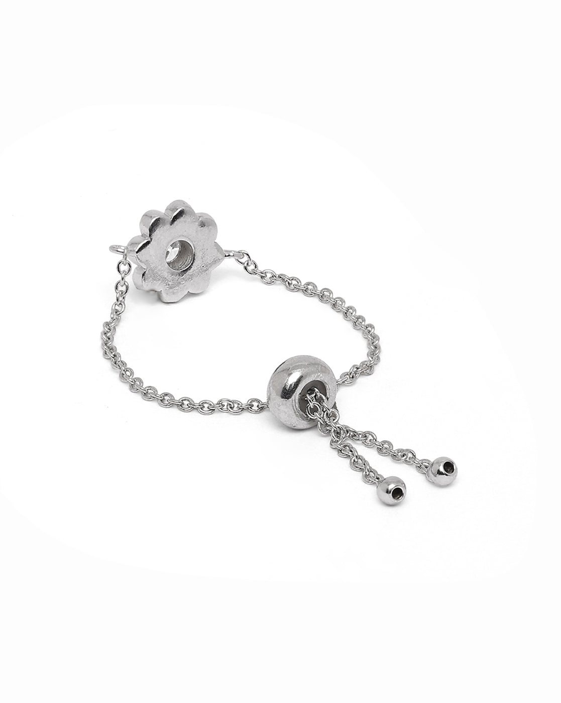 Rhodium Plated CZ Floral Adjustable Chain Ring