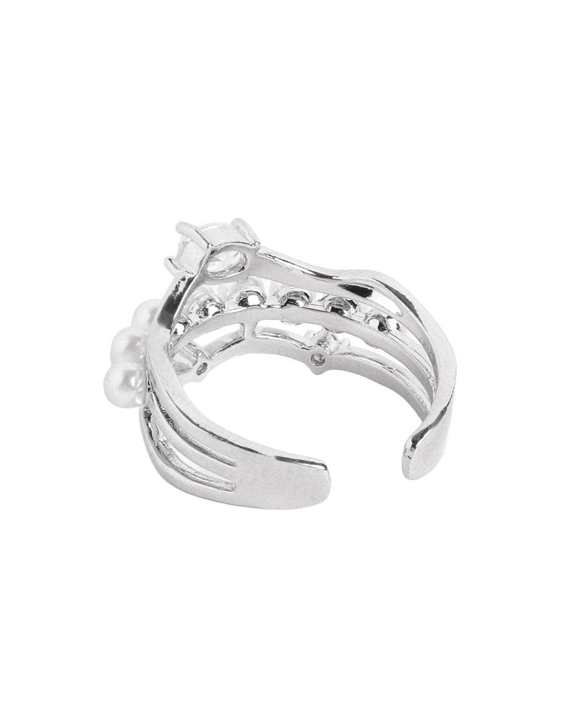 Silver-Plated Contemporary Pearl and CZ Adjustable Ring