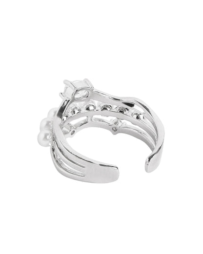 Silver-Plated Contemporary Pearl and CZ Adjustable Ring