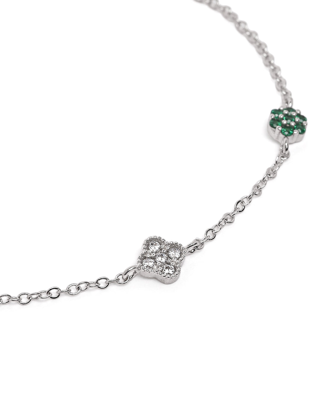 Rhodium Plated Green CZ Van Cleef Charm Adjustable Bracelet