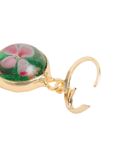 Gold Plated Artistic Dangling Green Enamel Floral Hoop Earring