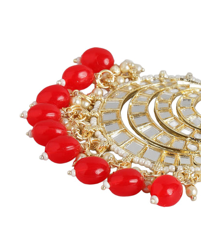 Gold Plated Mirror-Detail Layered Chandbali Earrings with Red Bead Drops