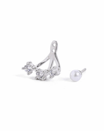 Rhodium Plated CZ Pearl Ear Jacket Earring