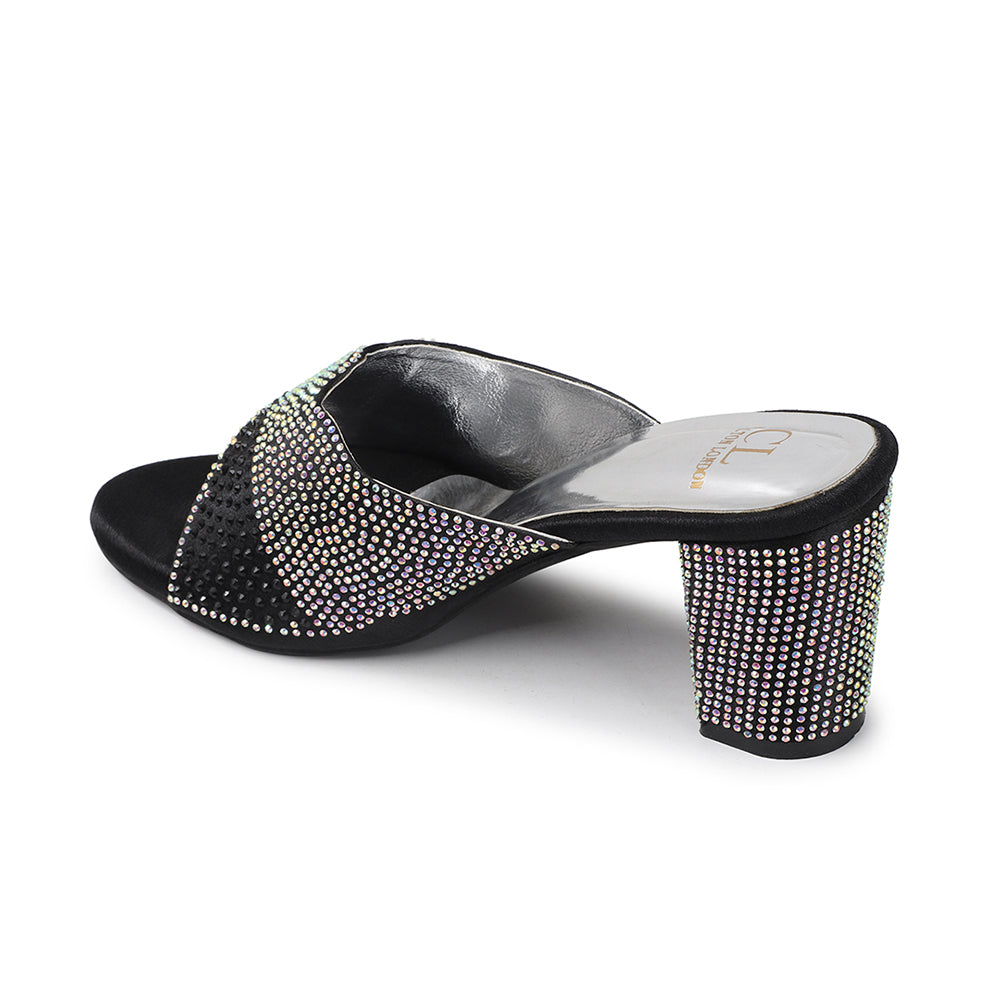 Women Lridescent Gem Embellished Block Heel Sandals