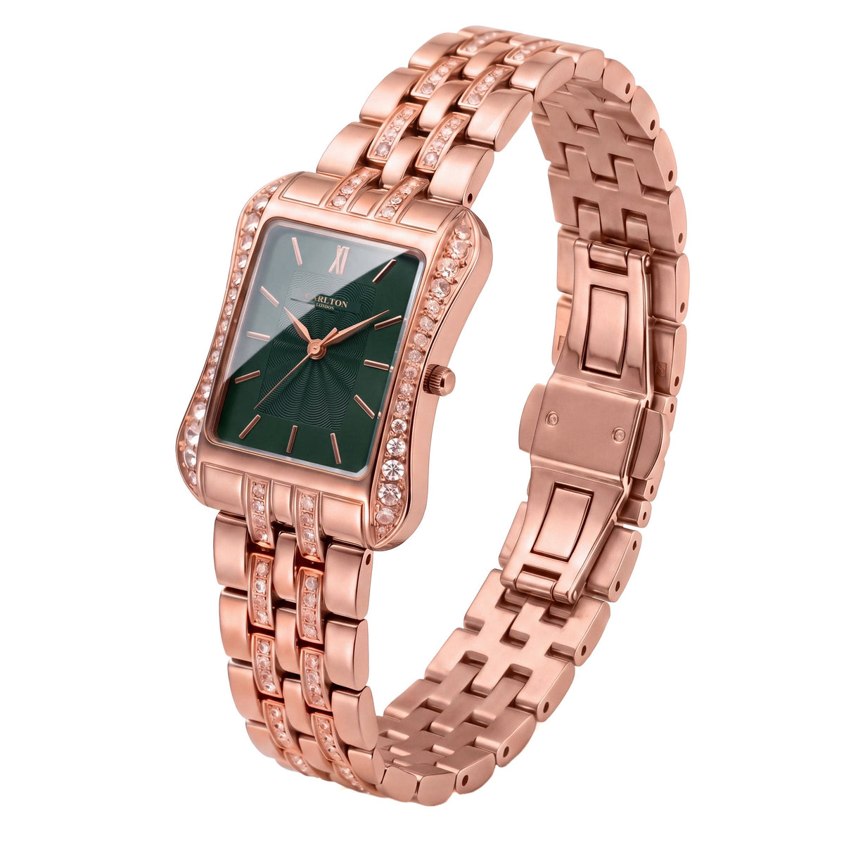 Carlton London Vivienne Women’s Watch - Green Rectangle Dial, Rose Gold Stainless Steel Strap - CLVVRGRN