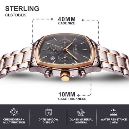 Carlton London Sterling Men’s Watch - Black Square Dial, Dual Tone Stainless Steel Strap - CLSTDBLK
