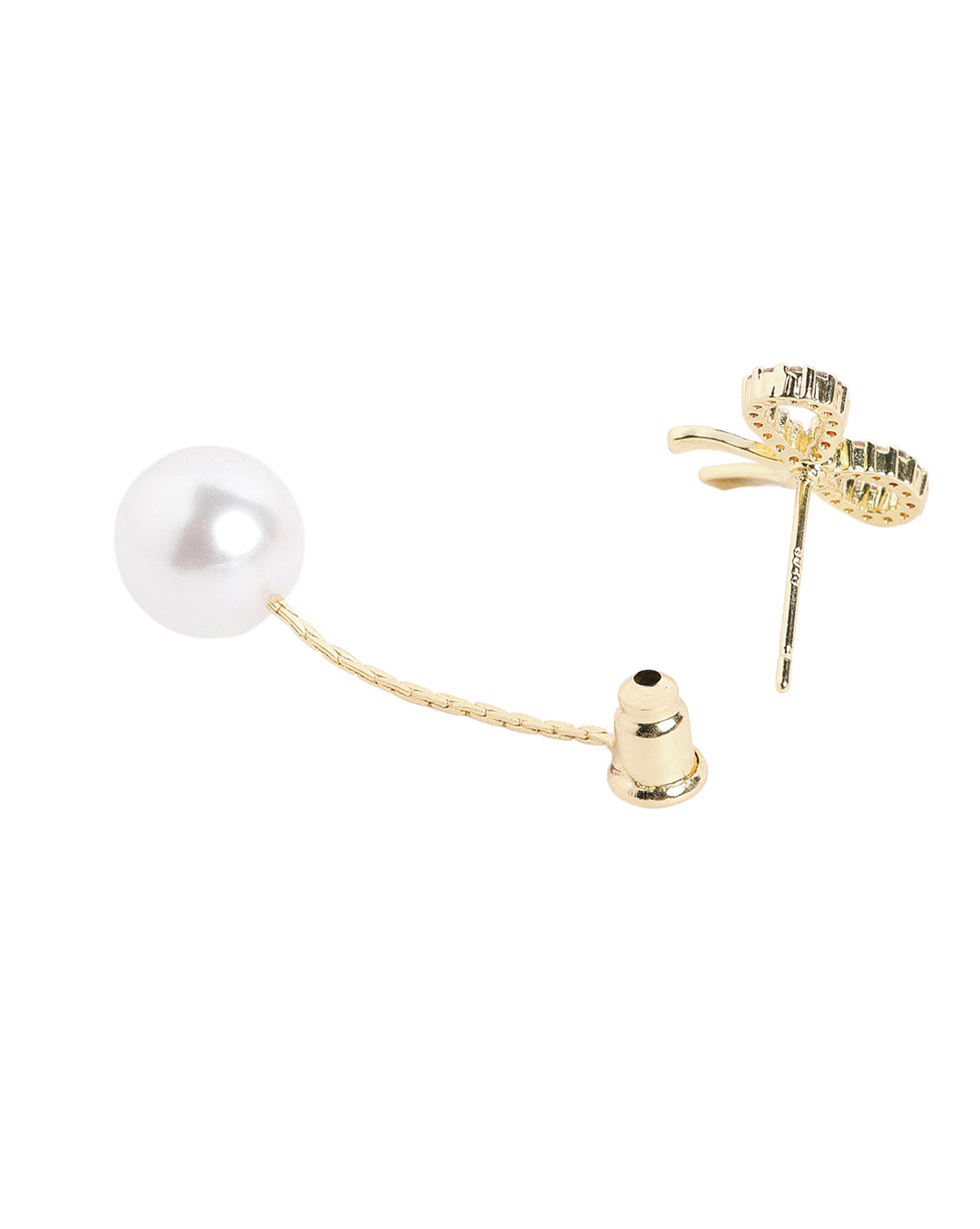 Gold Plated CZ Studded BOW with Pearl Front- Back Jacket Earring