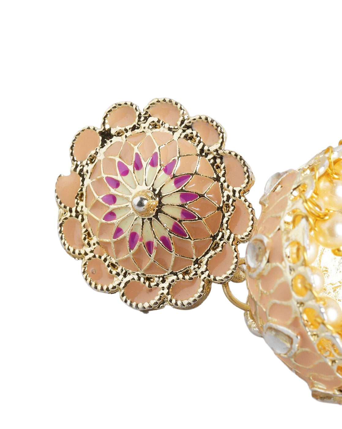 Gold Plated Kundan and Pearl Peach Enamel Dome Jhumka Earring