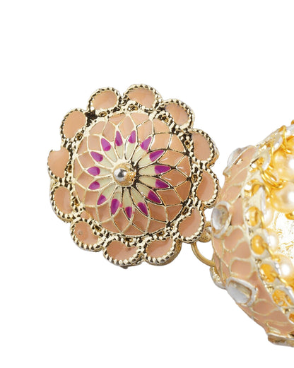 Gold Plated Kundan and Pearl Peach Enamel Dome Jhumka Earring
