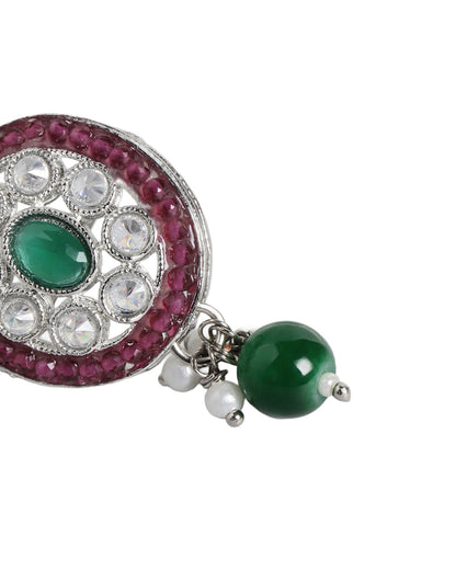 Silver Plated Emerald Green &amp; Ruby Pink Stone Maang Tikaa and Earring Set