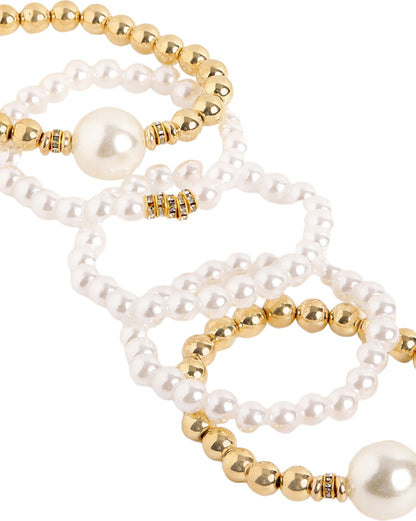 Set of 5 Gold Toned Pearl and Bead Stretchable Bracelet Multipack Set