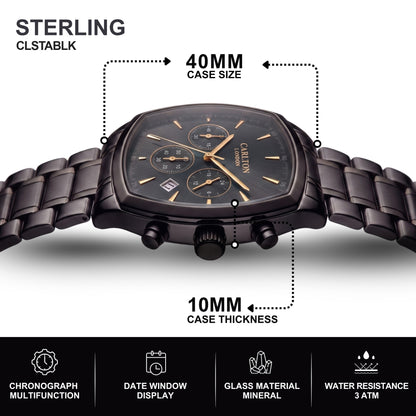 Carlton London Sterling Men’s Watch - Black Square Dial, Black Stainless Steel Strap - CLSTABLK