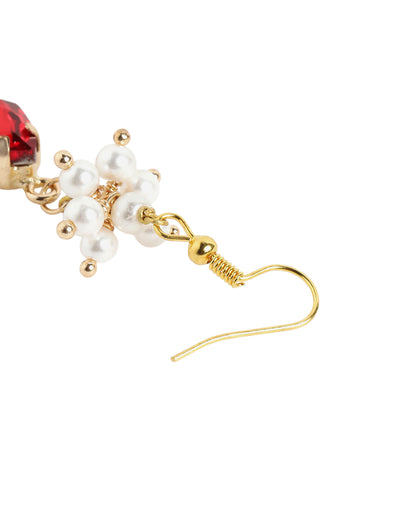 Gold Plated Pearl and Dangling Red Crystal Teardrop Earring