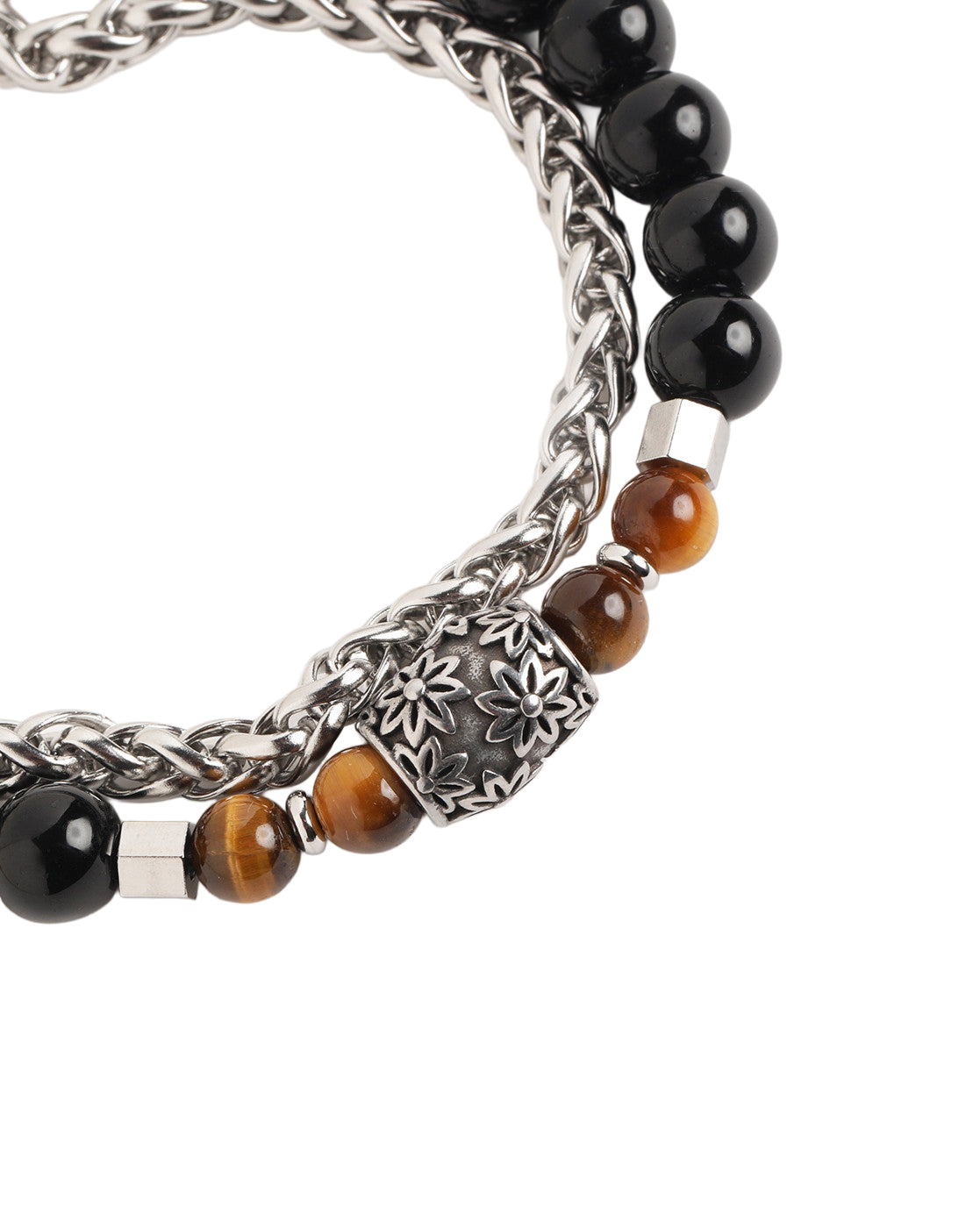 Men Silver Plated Bead Double Chain Layered Bracelet