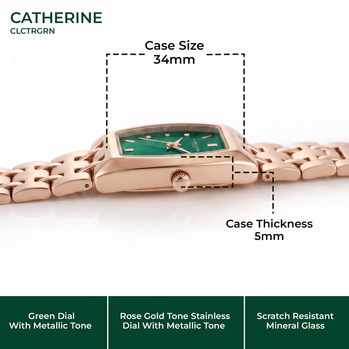 Carlton London Catherine Women’s Watch - Green Rectangle Dial, Rose Gold Stainless Steel Strap - CL-CT-RGRN