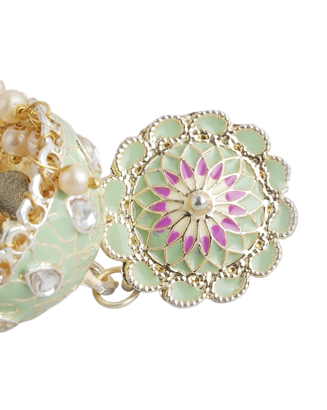 Gold Plated Kundan and Pearl Green Enamel Floral Dome Jhumka Earring