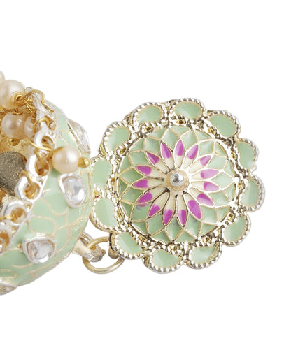 Gold Plated Kundan and Pearl Green Enamel Floral Dome Jhumka Earring