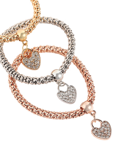 Tri-Tone Multi-Strand CZ Studded Heart Charm with Popcorn Chain Stretchable Bracelets