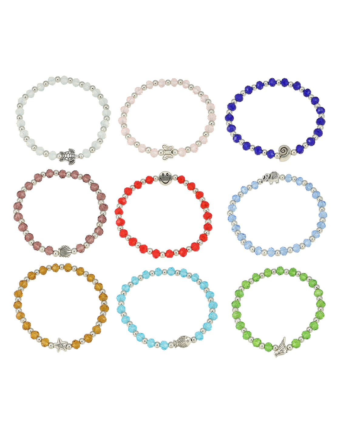 Set of 9 Coloured Bead &amp; Silver Plated Butterfly-Tortoise-Star-Elephant-Smiley-Bird-Butterfly Charm Bracelet for Girl