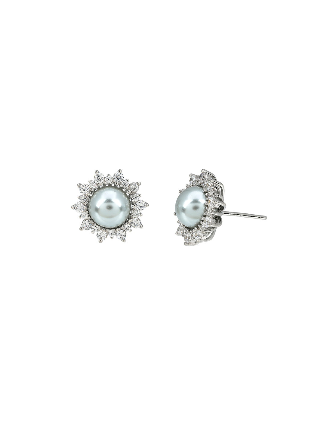 Silver Plated CZ Studded Pearl Halo Floral Stud Earring