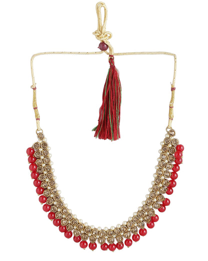 Gold Plated CZ, Pearl &amp; Red Beaded Necklace, Earrings &amp; Maang Tika Set