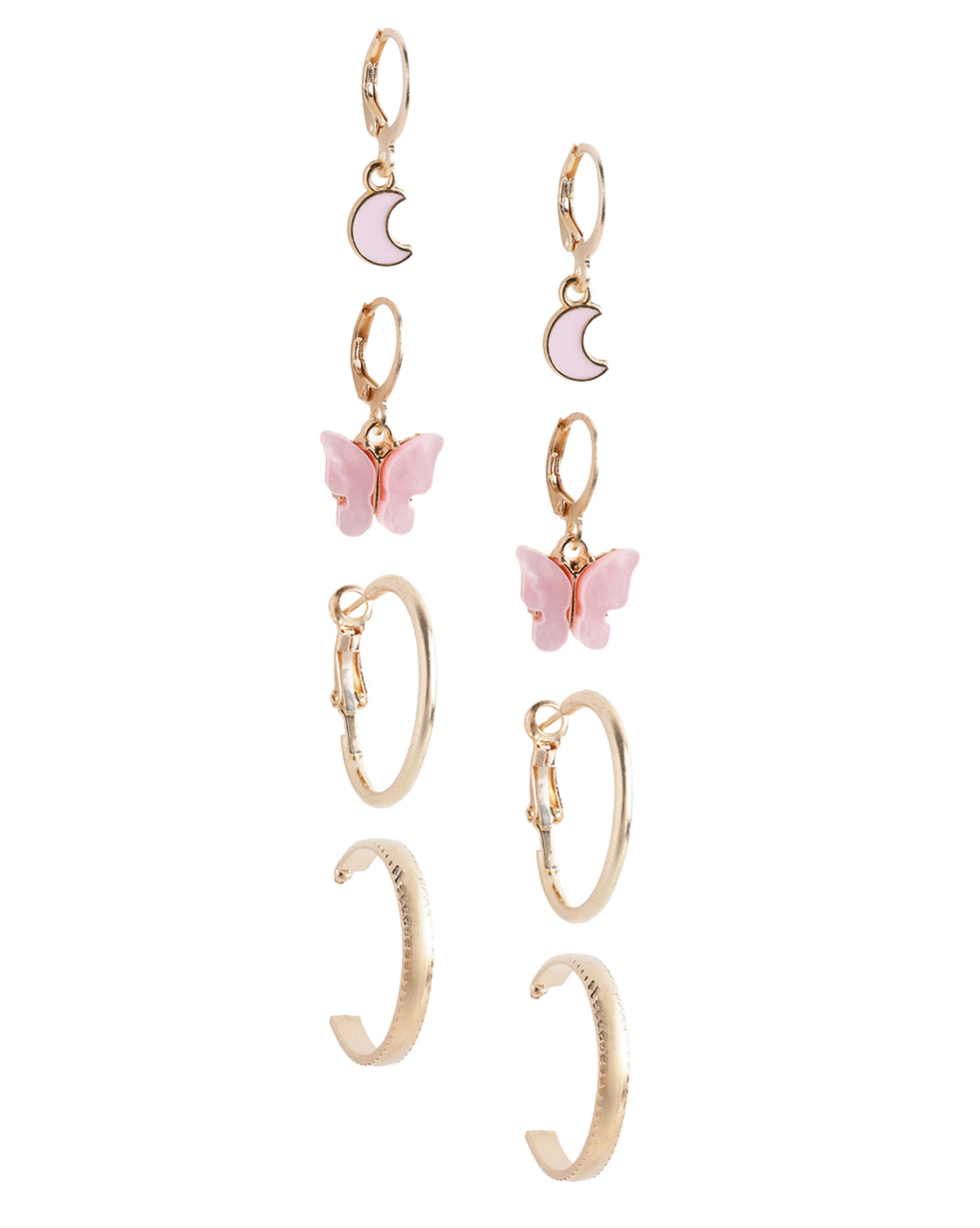Set of 9 Gold Plated Pearl Butterfly-Crescent Moon Enamel Twisted Hoop and Stud Multipack Earring