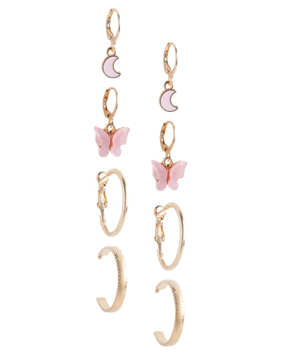 Set of 9 Gold Plated Pearl Butterfly-Crescent Moon Enamel Twisted Hoop and Stud Multipack Earring