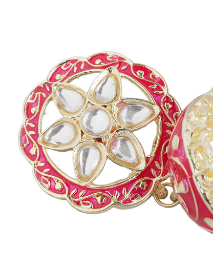Gold Plated Kundan and Red Meenakari Jhumka Earrings with Pearl Drops