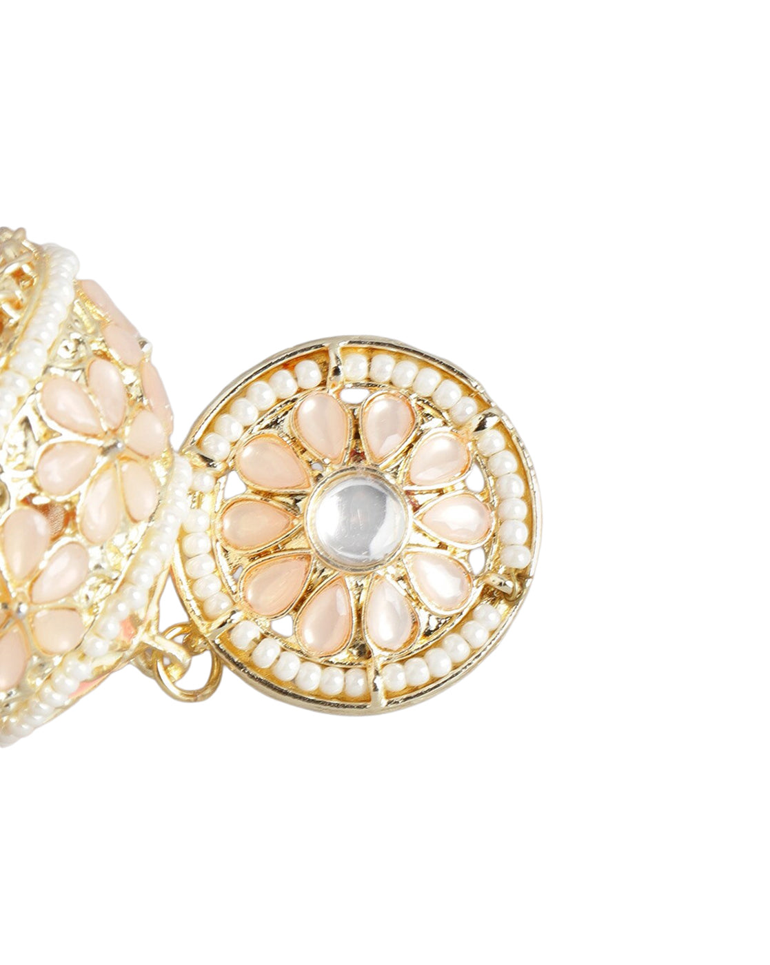Gold Plated Kundan Lattice Jhumka Earrings with Peach Teardrop Bead Drops