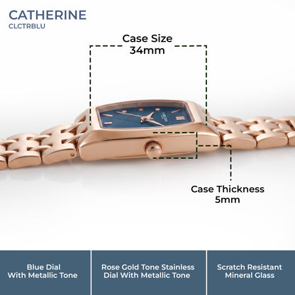 Carlton London Catherine Women’s Watch - Dark Blue Rectangle Dial, Rose Gold Stainless Steel Strap - CL-CT-RBLU