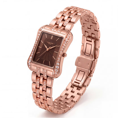 Carlton London Vivienne Women’s Watch - Brown Rectangle Dial, Rose Gold Stainless Steel Strap - CLVVRBRN