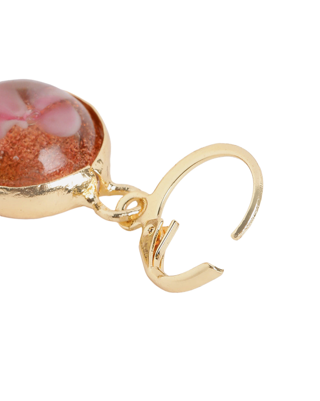 Gold Plated Artistic Dangling Pink Enamel Floral Hoop Earring