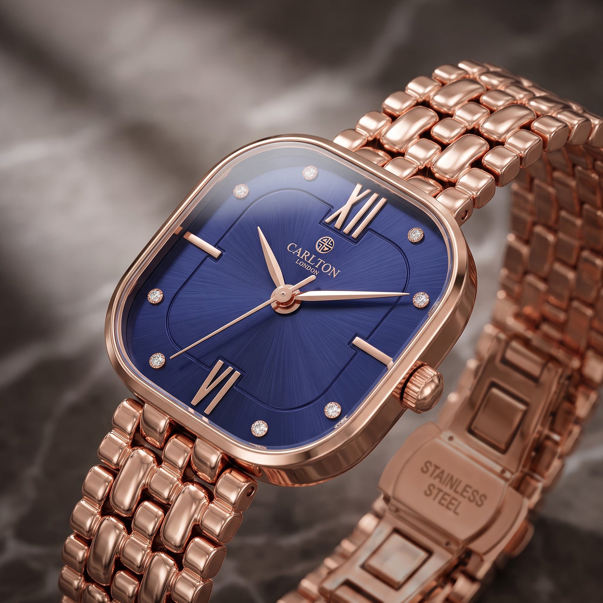 Carlton London Chelsea Women’s Watch – Blue Square Dial, Rose Gold Stainless Steel Strap – CLSSCBLU