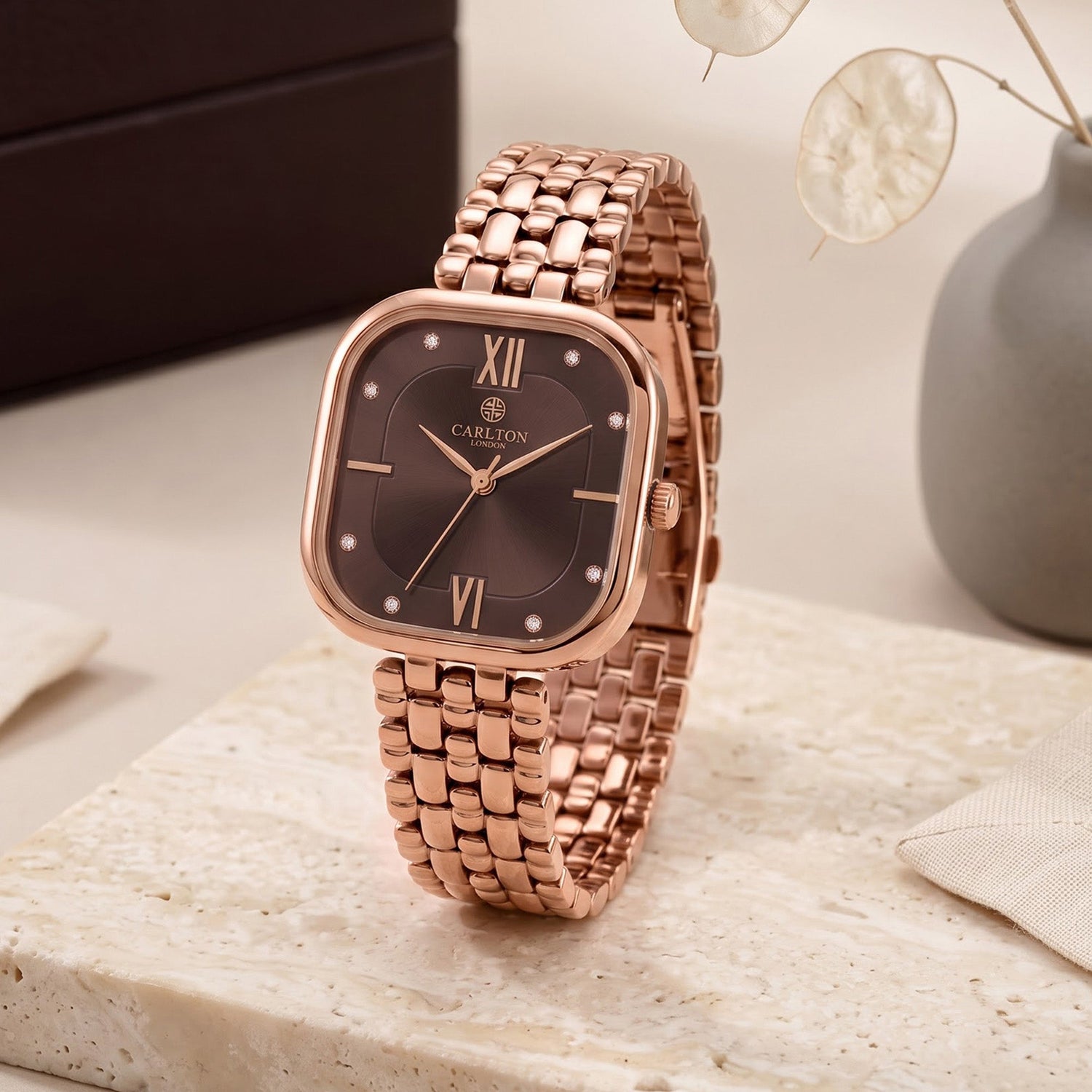 Carlton London Chelsea Women’s Watch – Brown Square Dial, Rose Gold Stainless Steel Strap – CLSSBRWN