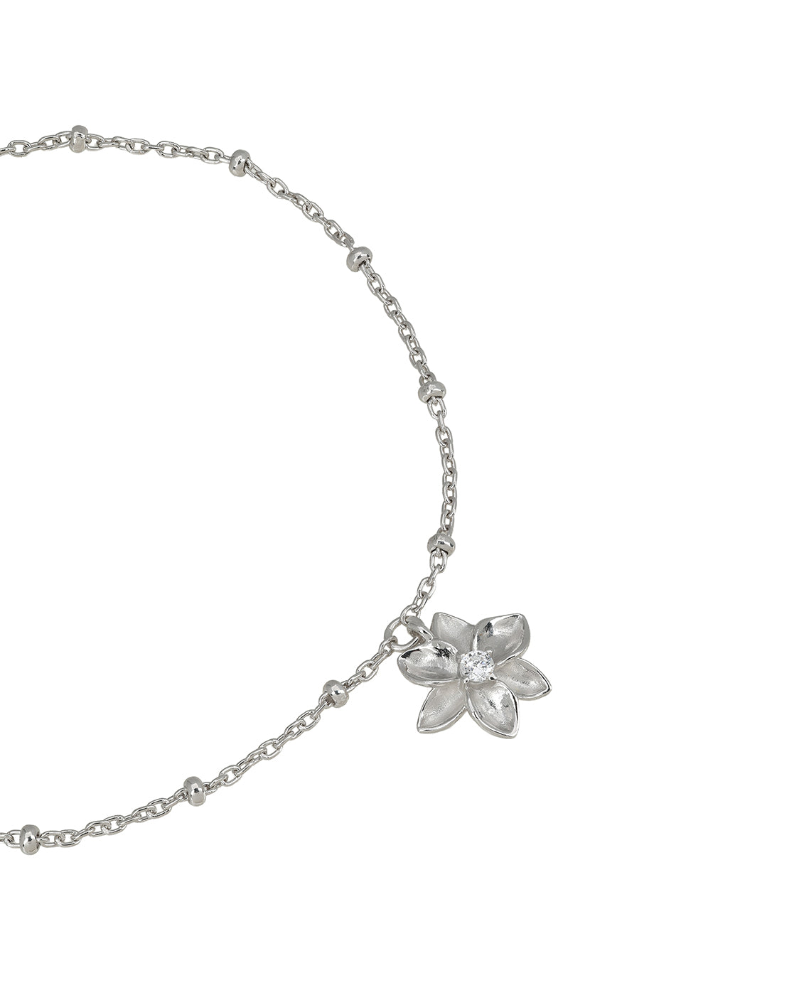925 Sterling Silver Rhodium Plated CZ Floral Charm Adjustable Bracelet
