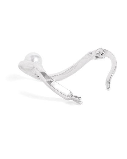 Rhodium Plated Pearl Contemporary Hoop Earring