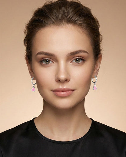 925 Sterling Silver Rhodium Plated Dangling Heart Enamel Hoop Earring