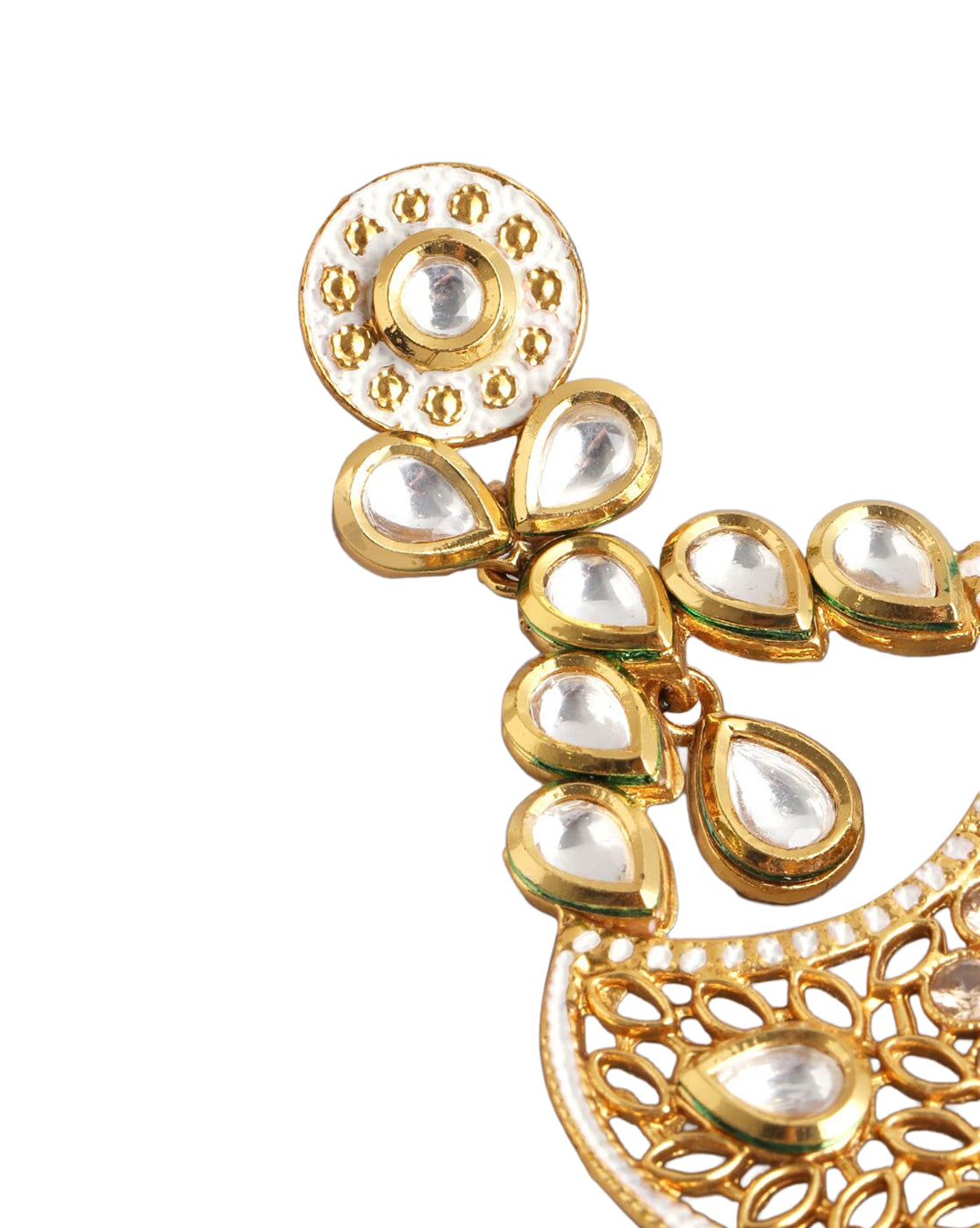 Gold Plated Polki Kundan Studded Chandbali with Pearl Drop Earring